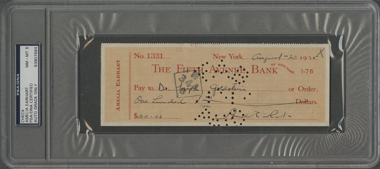 1935 Amelia Earhart Signed and Encapsulated The Fifth Avenue Bank Check (PSA/DNA NM-MT 8)